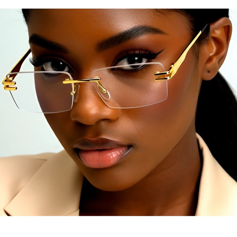 Rimless‎ Sunglasses  Women Rectangle Gold Frame Clear Lens Fashion Eyewear UV400